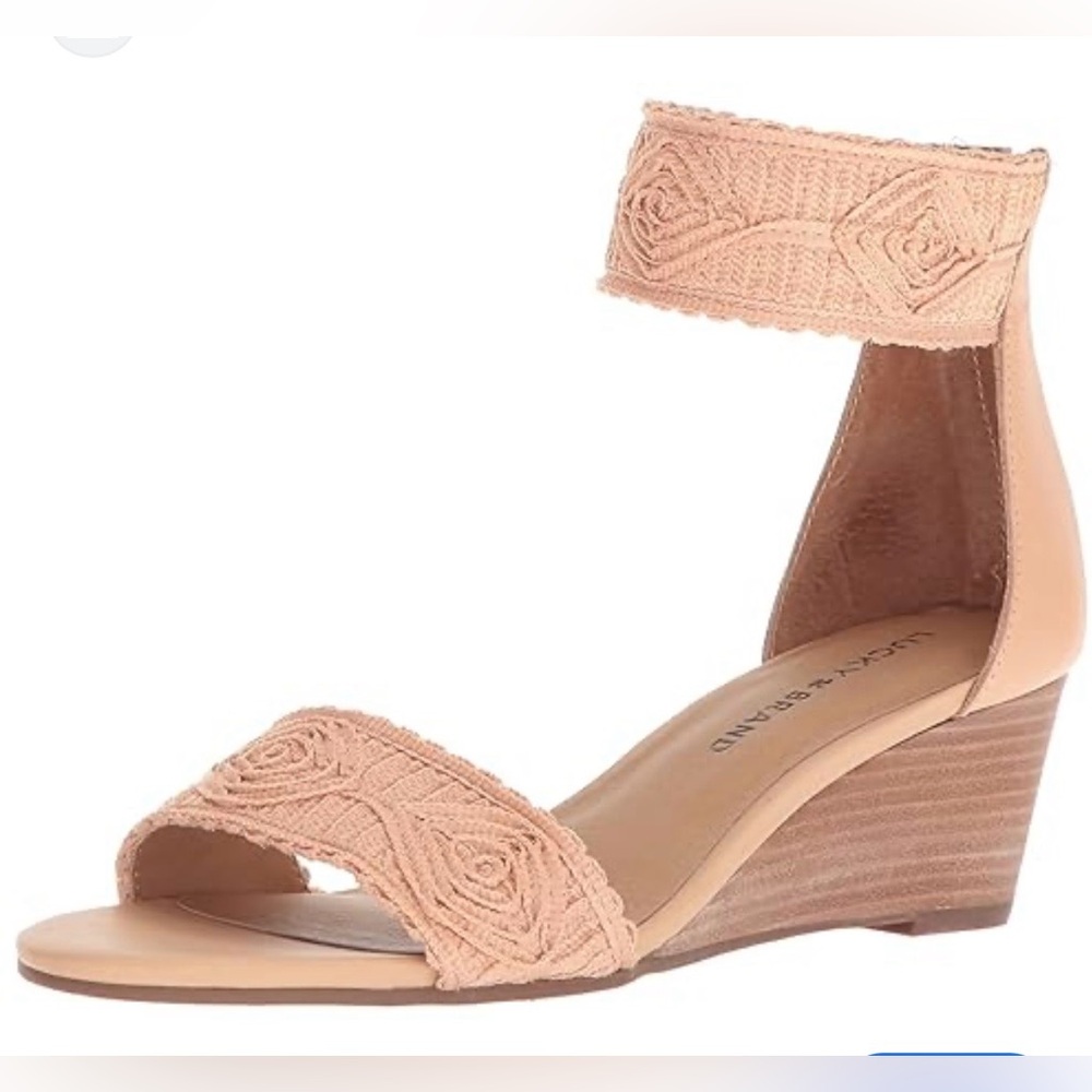 Lucky Brand Peach Leather Embroidered Ankle-Strap Wedge Sandal
